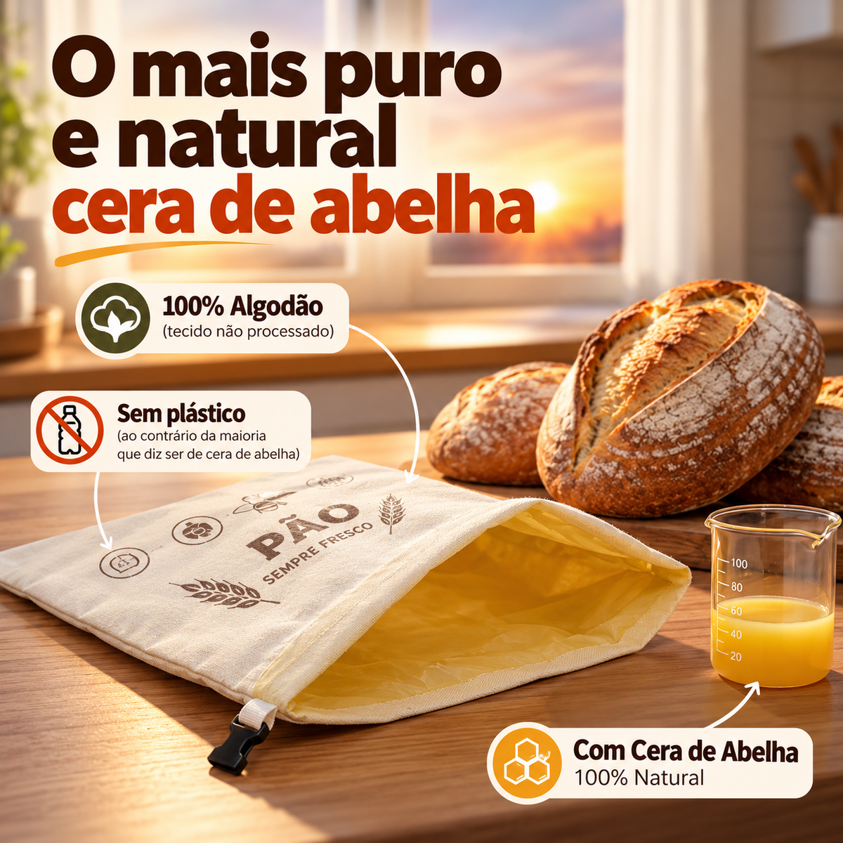 Saco Conservador de Pães — 100% Algodão com Cera de Abelha