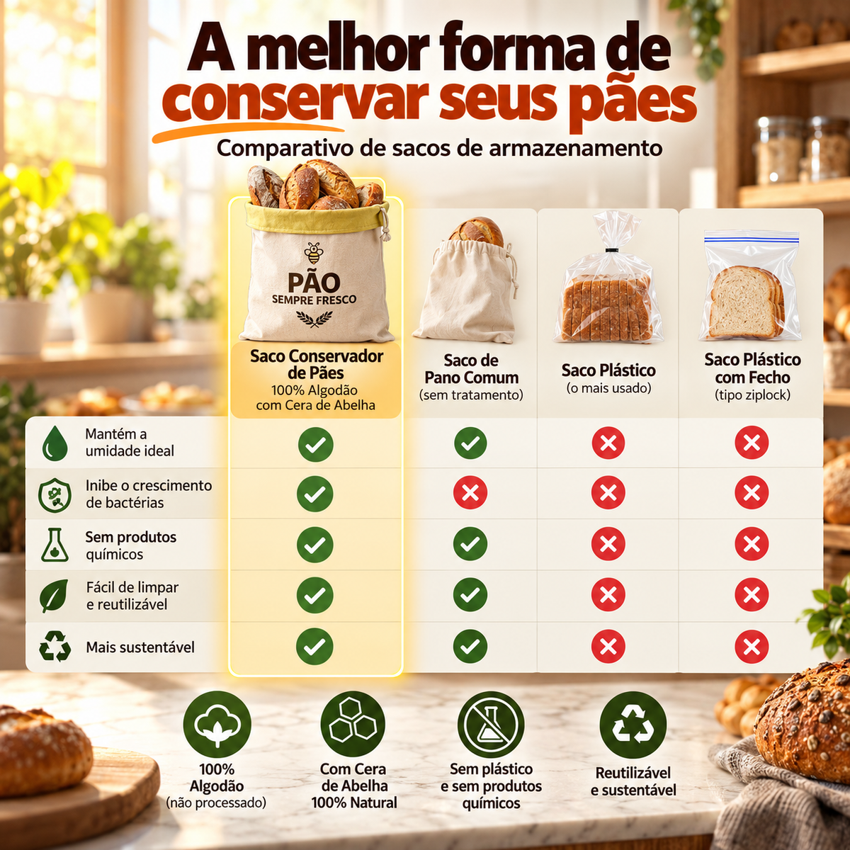Saco Conservador de Pães — 100% Algodão com Cera de Abelha